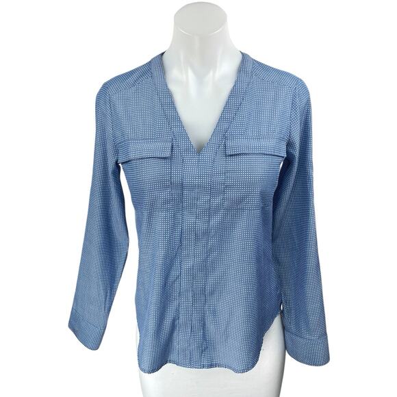 NEW Express Blue White Polka Dots Long Sleeve V Neck Shirt Blouse Top Size XS - Picture 1 of 4